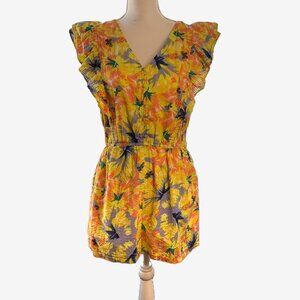 Jessica Simpson Camille Floral Tie Back Romper | Flutter Sleeves  Pockets | Sz M